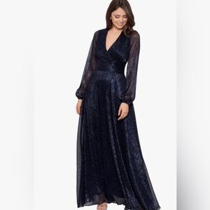 Betsy & Adam Shimmery Midnight Blue Long Sleeve Maxi Gown
